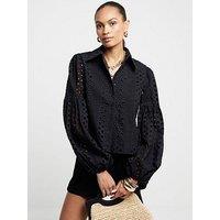 River Island Broderie Puff Sleeve Shirt - Black