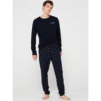 Tommy Hilfiger Monotype Long Sleeve Top & Check Bottom Jersey Pyjama Set - Navy