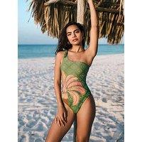 Chelsea Peers Palm Print One-Shoulder Swimsuit - Khaki