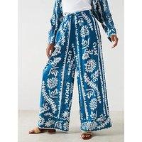 Mango Abstract Print Wide Leg Trousers - Blue