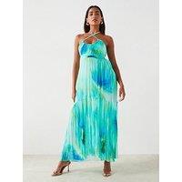 Mango Printed Halter Neck Maxi Dress - Turquoise