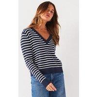 Tommy Jeans Essential Stripe V Neck Jumper - Navy