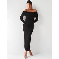 V By Very Sheer Ruched Bardot Midaxi Dress - Black