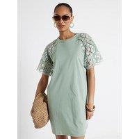 River Island Broderie Mini T-Shirt Dress - Light Khaki