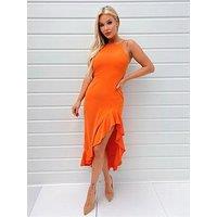 Ax Paris High Neck Frill Hem Midi Dress - Orange