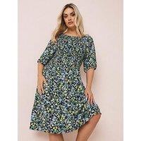 Yours Curve Shirred Gypsy Dress - Blue