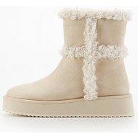 Everyday Flatform Ankle Boot With Faux Fur - Cream