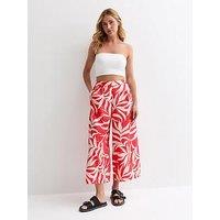 New Look Red Leaf-Print Wide Leg Cropped Trousers