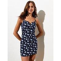 New Look Blue Ditsy Print Lace Trim Mini Dress