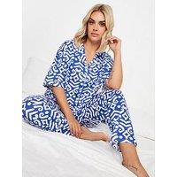 Yours Curve Ikat Collar Revere Pj Set - Blue