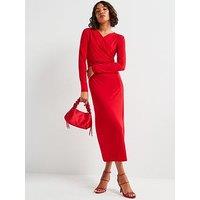 Vero Moda V-Neck Ruched Detail Long Sleeve Maxi Dress - Red