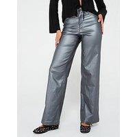 Jdy High Waist Wide Leg Coated Trouser - Grey