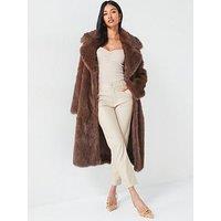 V By Very Longline Faux Fur Belted Coat - Chocolate