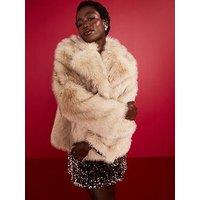 V By Very Faux Fur Revere Collar Coat - Light Beige