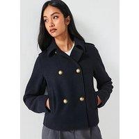 V By Very Wool Mix Twill Short Pea Coat - Navy