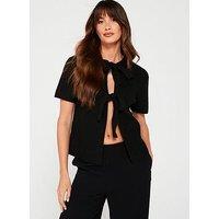 Pieces Short Sleeve Tie Knitted Cardigan - Black