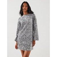Jdy Sequin Long Sleeve Bow Detail Mini Dress - Silver