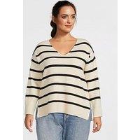 Vero Moda Curve V-Neck Long Sleeve Stripe Pullover - Cream