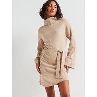 Vila High Neck Tie Waist Mini Dress - Beige