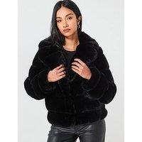 V By Very Luxe Faux Carved Fur Coat - Black