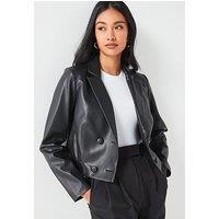 V By Very Faux Leather Crop Blazer - Black