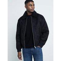 River Island Shearling Collar Bomber Jacket - Black