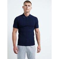 River Island Short Sleeve Knitted Herringbone Muscle Fit Polo Shirt - Navy