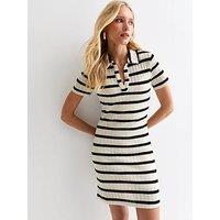 New Look White Striped Polo-Collar Mini Dress