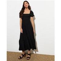 New Look Black Smocked Short-Sleeve Midi Dress