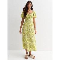 New Look Green Zebra-Print Frill-Trim Midi Dress