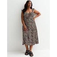 New Look Curves Brown Crinkle Leopard Print Ruched Front Midi Dress