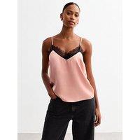 New Look Satin Lace Trim Cami Top - Pink