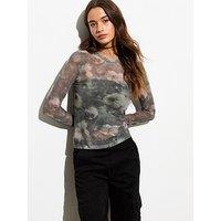 New Look Light Grey Mesh Abstract Print Crew Neck Top