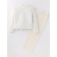 V By Very Girls Cream Snit Tie Front Crew And Trouser Set