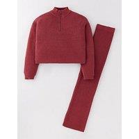 V By Very Girls Knitted Rib Cropped Funnel Neck Jumper And Trouser Set - Pink