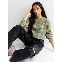 New Look 915 Girls Olive Cable Knit Crop Jumper - Khaki