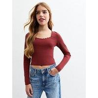 New Look 915 Girls Burgundy Scoop Neck Ribbed Jersey Top - Red
