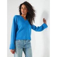 V By Very V Neck Turn Up Sleeve Jumper - Blue