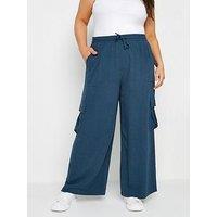 Yours Curve Linen Look Cargo Trousers - Blue