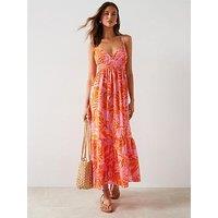 Mango Orange And Pink Leaf Print Midi Dress