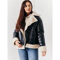 In The Style Jac Jossa Borg Trim Aviator Jacket - Black