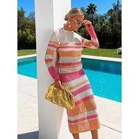 In The Style Perrie Sian Pink Multi Stripe Crochet Tie Back Midaxi Dress