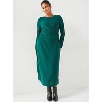 V By Very Curve Stretch Wrap Detail Long Sleeve Dress - Green