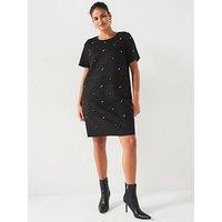 V By Very Curve Diamante Detail Faux Suede Shift Dress - Black