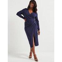 V By Very Curve Shaping Button Detail Wrap Dress - Blue