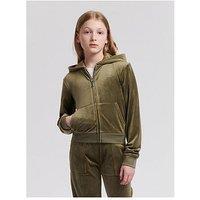 Juicy Couture Girls Mini Diamante Velour Zip Through Hoodie - Khaki