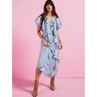 V By Very Soft Ruffle V Neck Midaxi Dress - Blue