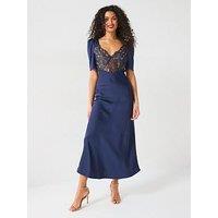 V By Very Lace Corset Satin Midaxi Dress - Navy