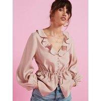 V By Very Tie Waist Ruffle Neck Blouse - Pink