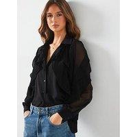 V By Very Pleated Ruffle Longline Shirt - Black